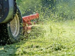 Lawn mower cutting grass, with clippings flying in the air.
