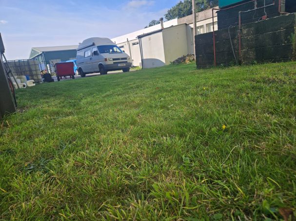 Grassy area with a van parked nearby and buildings in the background.